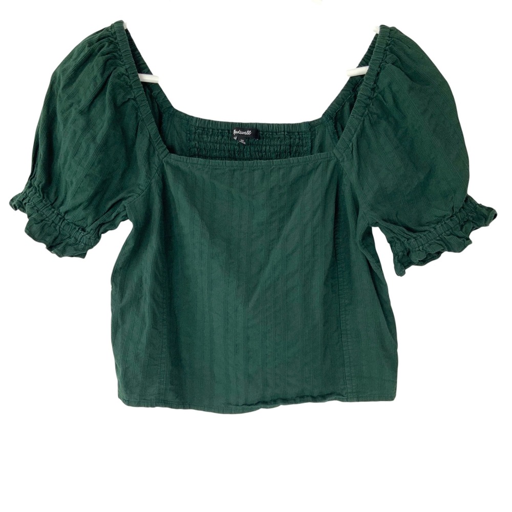 Madewell Green Dobby Stripe Top XS Pullover Square Neck Short Puff Sleeve Smock